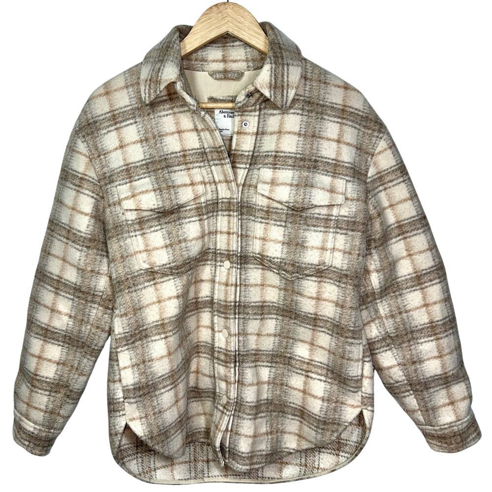 Abercrombie & Fitch Tan Cream Plaid Sherpa Shacket Jacket Coat Womens Size Small